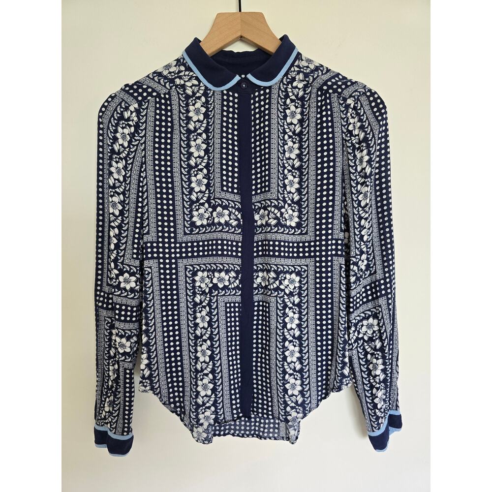 Anthropologie Maeve Art House Navy Blue Peter Pan Collar Blouse Size 2